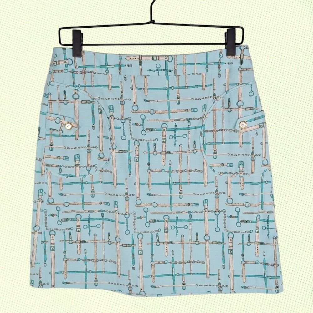 NWT J McLaughlin Mini Skirt 6 Kay Round Pockets Poplin Green Padlock Patterns
